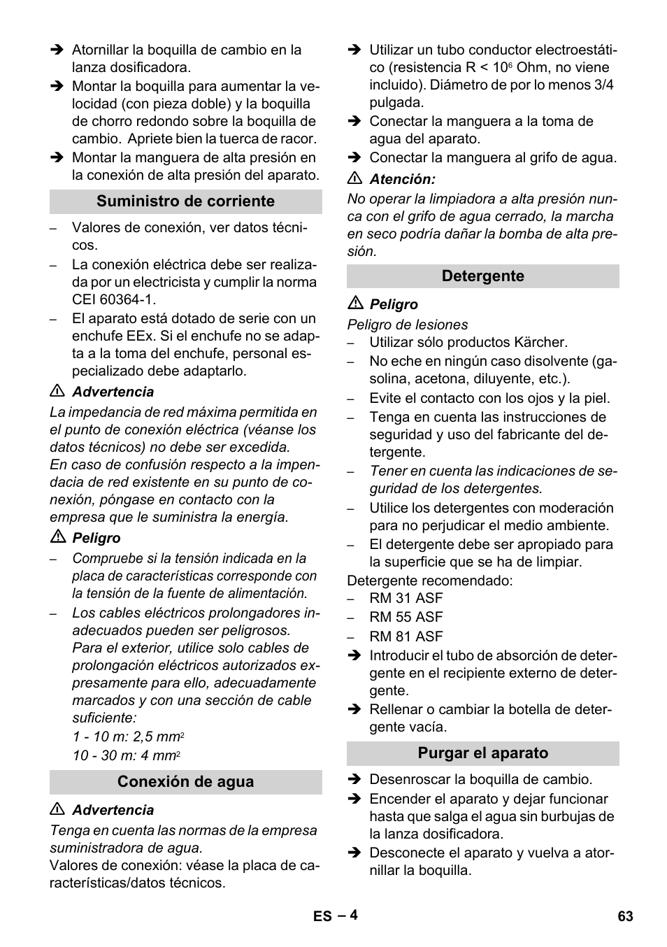 Suministro de corriente, Conexión de agua, Detergente | Purgar el aparato | Karcher HD 10-16-4 Cage Ex User Manual | Page 63 / 316