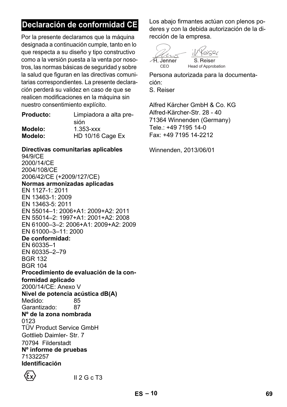 Declaración de conformidad ce | Karcher HD 10-16-4 Cage Ex User Manual | Page 69 / 316