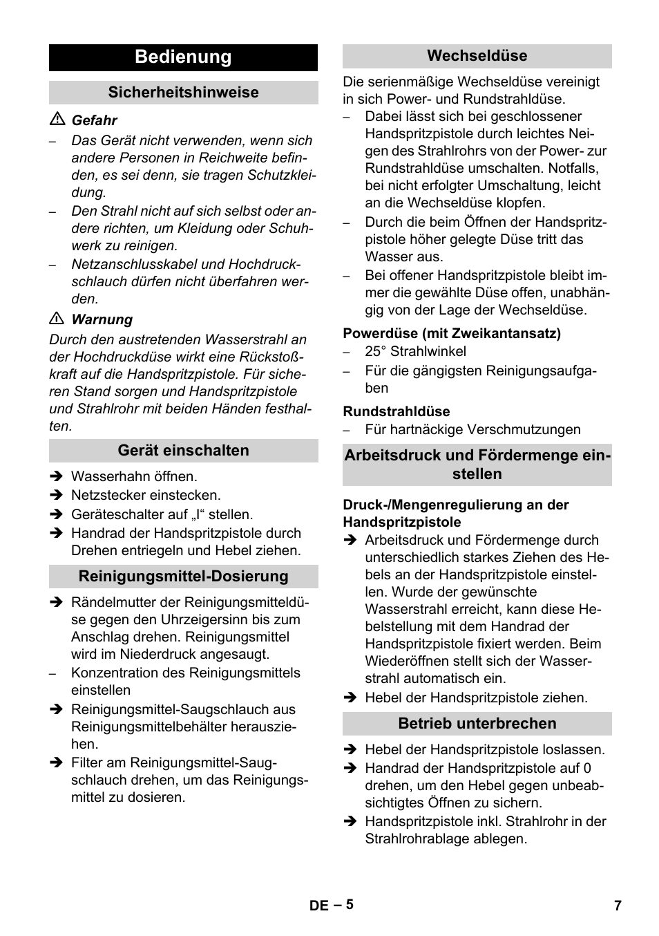 Bedienung, Sicherheitshinweise, Gerät einschalten | Reinigungsmittel-dosierung, Wechseldüse, Powerdüse (mit zweikantansatz), Rundstrahldüse, Arbeitsdruck und fördermenge einstellen, Druck-/mengenregulierung an der handspritzpistole, Betrieb unterbrechen | Karcher HD 10-16-4 Cage Ex User Manual | Page 7 / 316