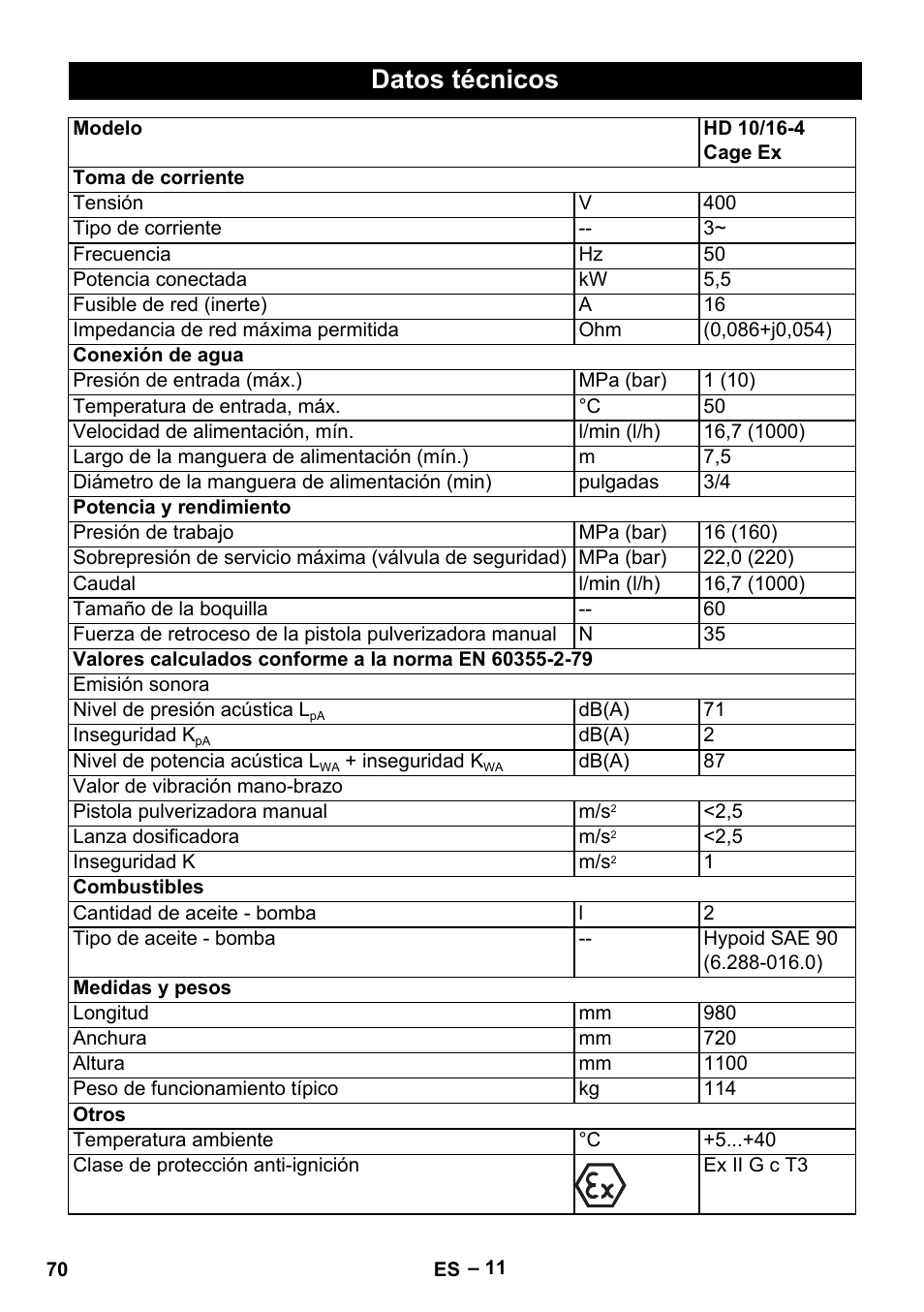Datos técnicos | Karcher HD 10-16-4 Cage Ex User Manual | Page 70 / 316