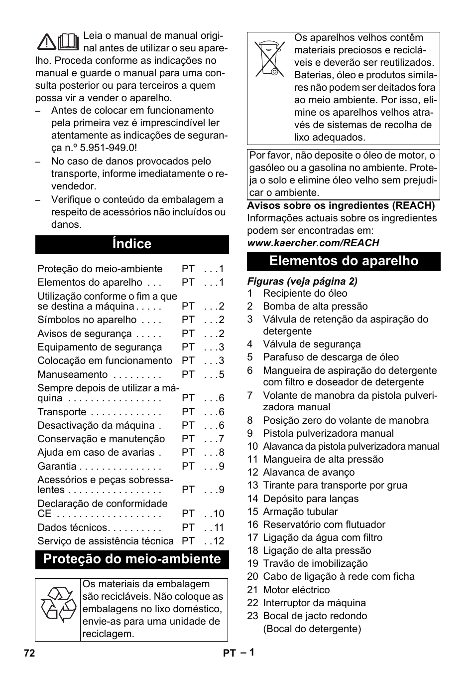 Português, Índice, Proteção do meio-ambiente | Elementos do aparelho | Karcher HD 10-16-4 Cage Ex User Manual | Page 72 / 316