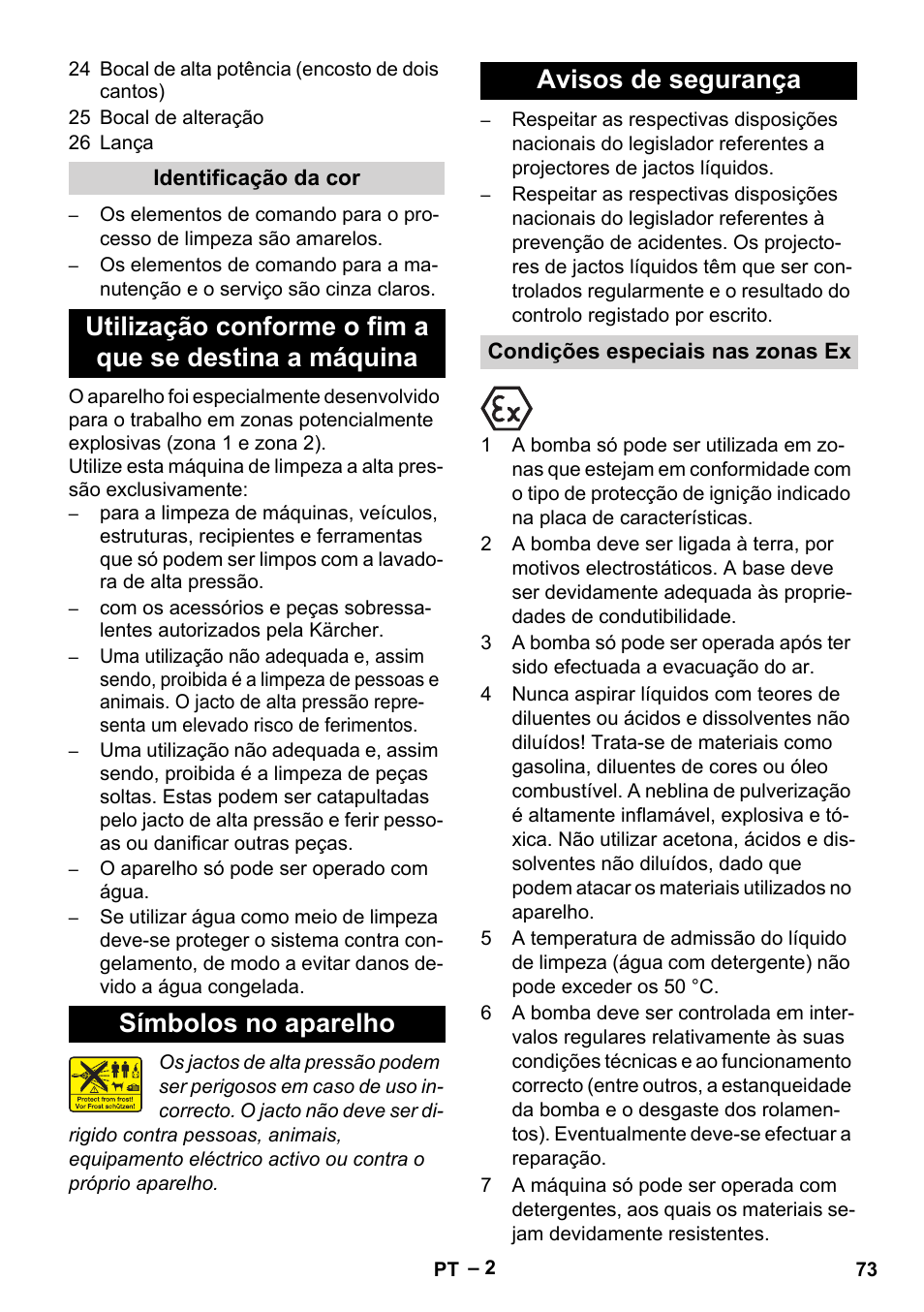 Identificação da cor, Símbolos no aparelho, Avisos de segurança | Condições especiais nas zonas ex | Karcher HD 10-16-4 Cage Ex User Manual | Page 73 / 316