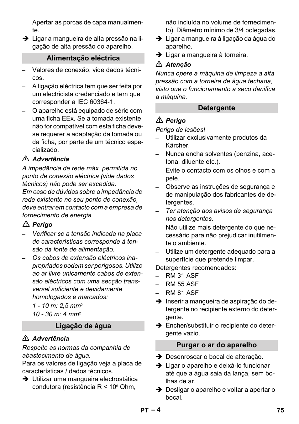 Alimentação eléctrica, Ligação de água, Detergente | Purgar o ar do aparelho | Karcher HD 10-16-4 Cage Ex User Manual | Page 75 / 316