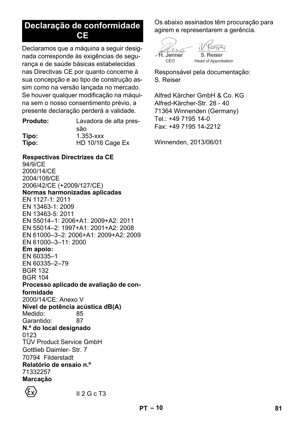 Declaração de conformidade ce | Karcher HD 10-16-4 Cage Ex User Manual | Page 81 / 316