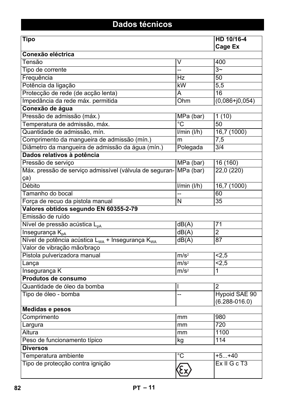 Dados técnicos | Karcher HD 10-16-4 Cage Ex User Manual | Page 82 / 316