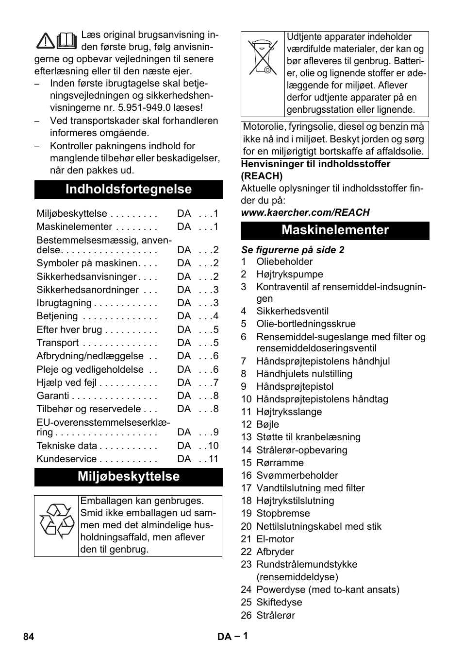 Dansk, Indholdsfortegnelse, Miljøbeskyttelse | Maskinelementer | Karcher HD 10-16-4 Cage Ex User Manual | Page 84 / 316