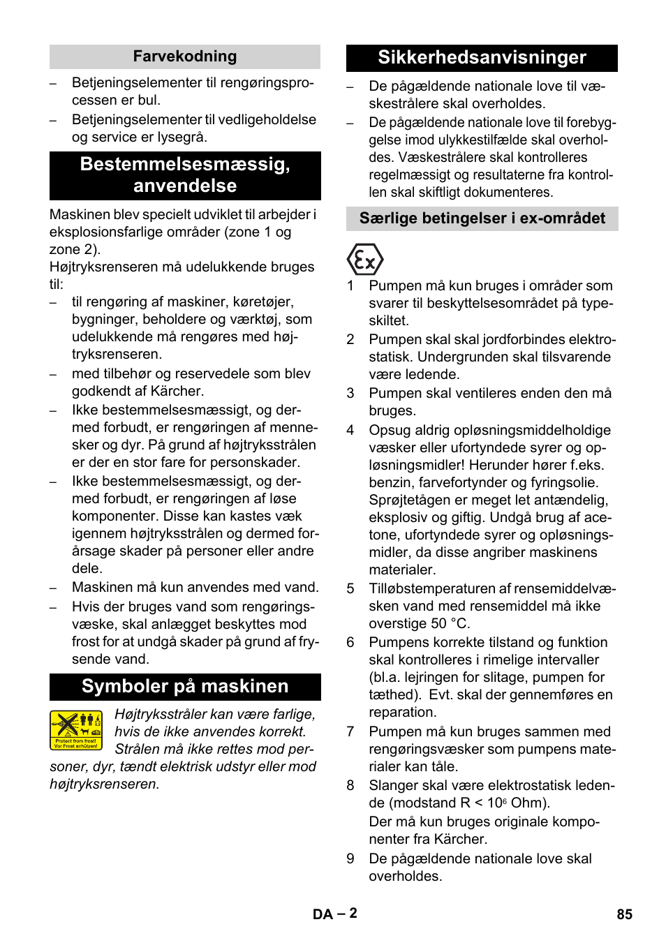 Farvekodning, Bestemmelsesmæssig‚ anvendelse, Symboler på maskinen | Sikkerhedsanvisninger, Særlige betingelser i ex-området | Karcher HD 10-16-4 Cage Ex User Manual | Page 85 / 316