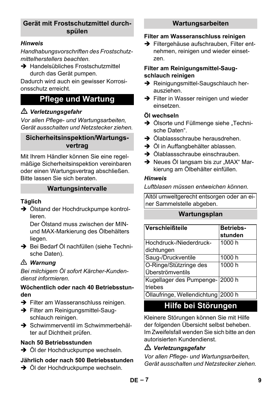 Gerät mit frostschutzmittel durchspülen, Pflege und wartung, Sicherheitsinspektion/wartungsvertrag | Wartungsintervalle, Täglich, Wöchentlich oder nach 40 betriebsstunden, Nach 50 betriebsstunden, Jährlich oder nach 500 betriebsstunden, Wartungsarbeiten, Filter am wasseranschluss reinigen | Karcher HD 10-16-4 Cage Ex User Manual | Page 9 / 316