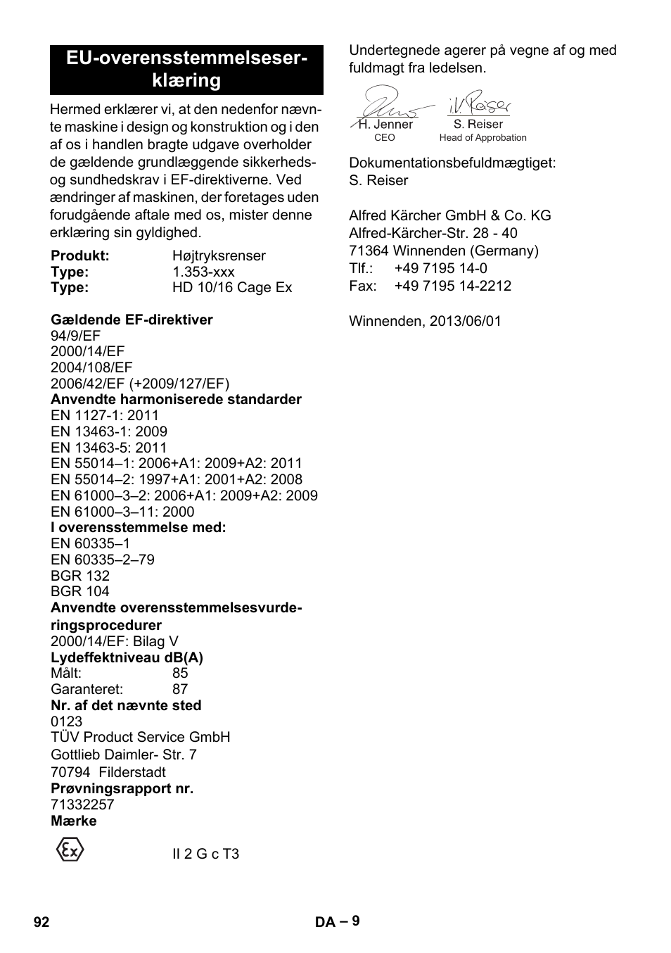 Eu-overensstemmelseserklæring, Eu-overensstemmelseser- klæring | Karcher HD 10-16-4 Cage Ex User Manual | Page 92 / 316