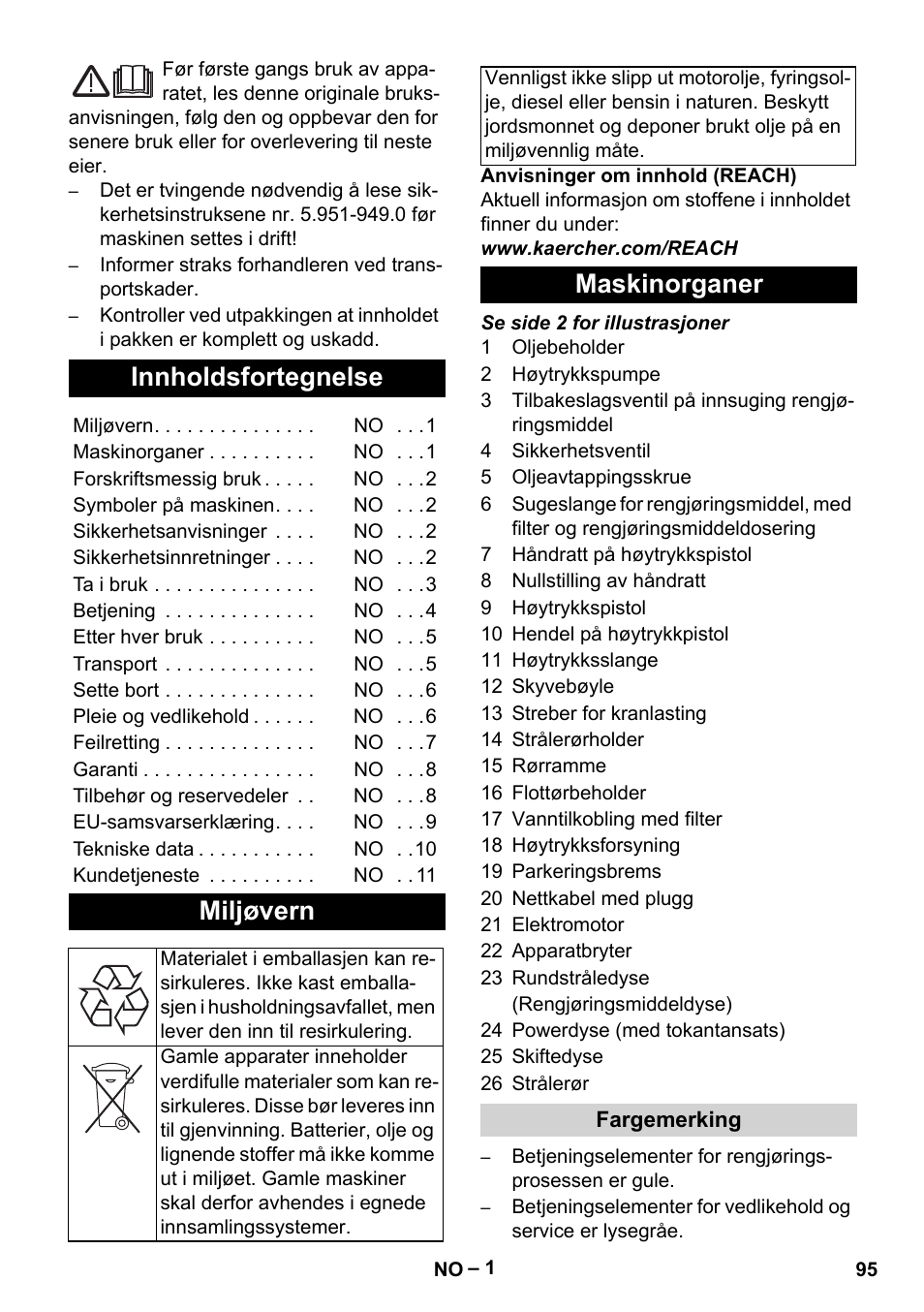 Norsk, Innholdsfortegnelse, Miljøvern | Maskinorganer, Fargemerking | Karcher HD 10-16-4 Cage Ex User Manual | Page 95 / 316
