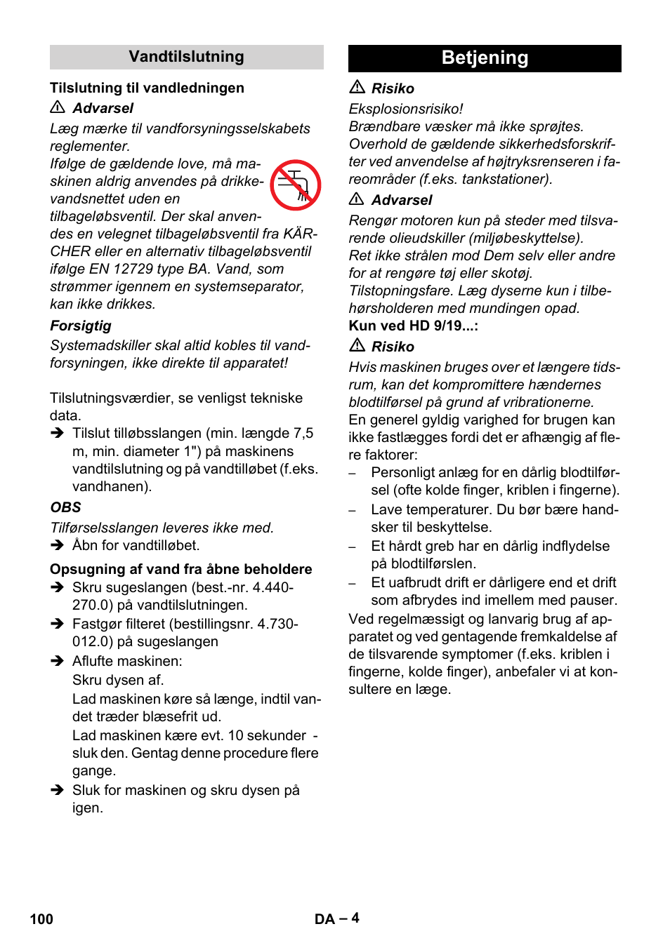 Betjening | Karcher HD 9-19 M User Manual | Page 100 / 372