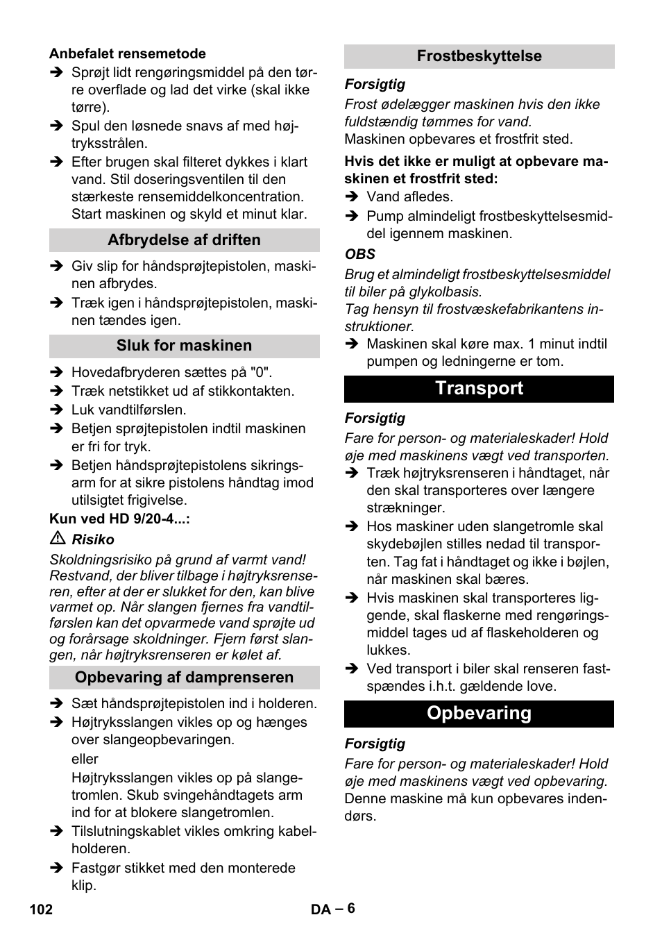 Transport opbevaring | Karcher HD 9-19 M User Manual | Page 102 / 372