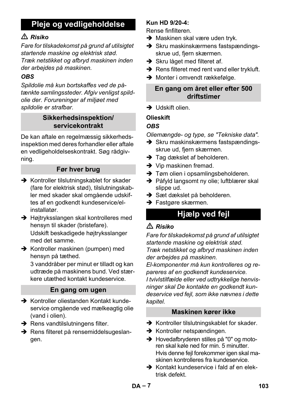 Pleje og vedligeholdelse, Hjælp ved fejl | Karcher HD 9-19 M User Manual | Page 103 / 372