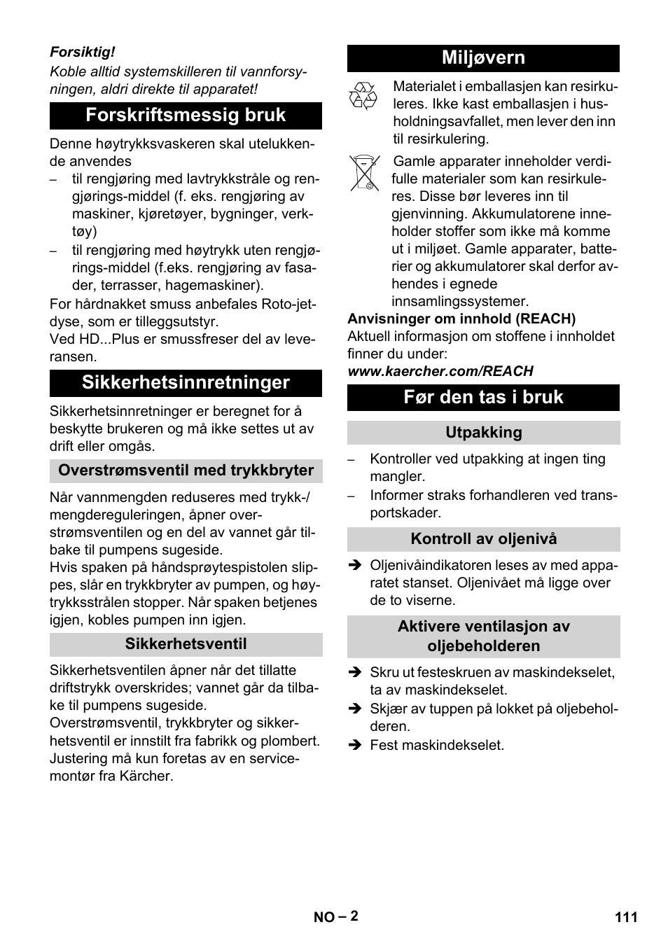 Forskriftsmessig bruk sikkerhetsinnretninger, Miljøvern før den tas i bruk | Karcher HD 9-19 M User Manual | Page 111 / 372