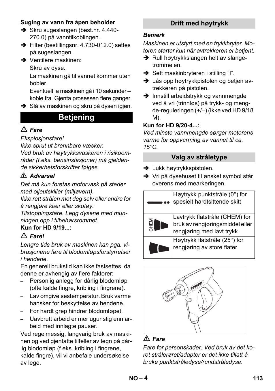 Betjening | Karcher HD 9-19 M User Manual | Page 113 / 372