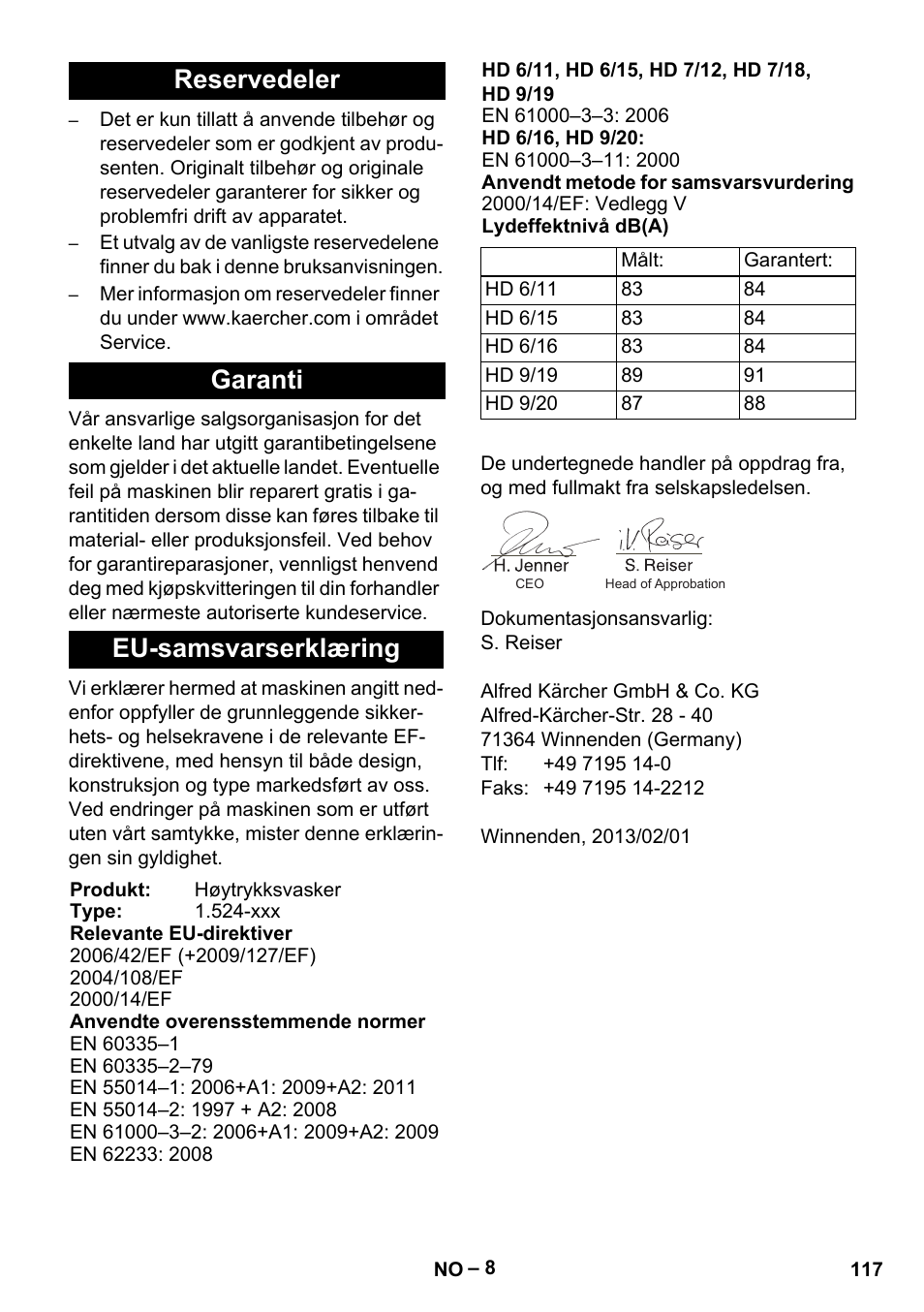 Reservedeler garanti eu-samsvarserklæring | Karcher HD 9-19 M User Manual | Page 117 / 372