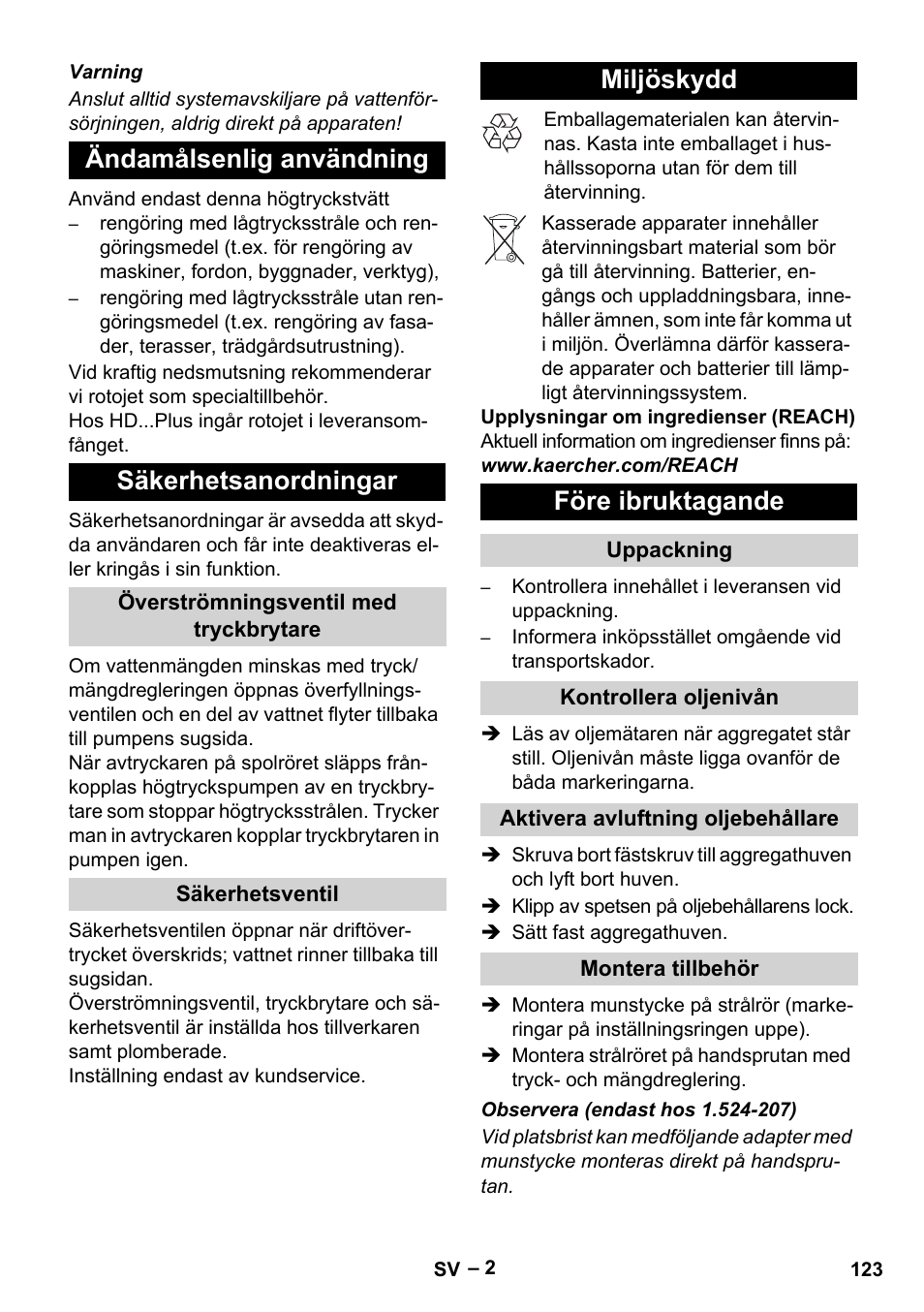 Ändamålsenlig användning säkerhetsanordningar, Miljöskydd före ibruktagande | Karcher HD 9-19 M User Manual | Page 123 / 372