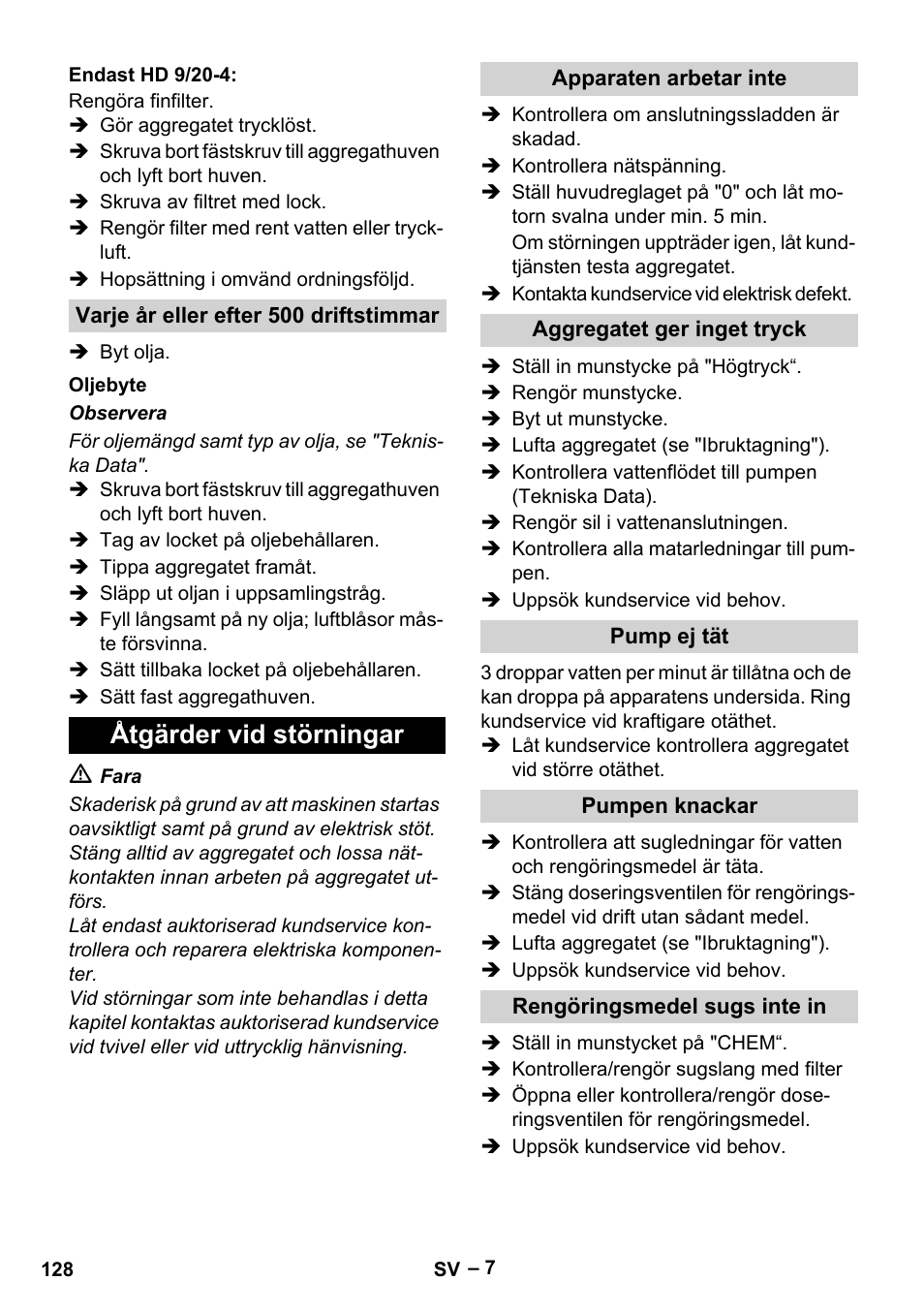 Åtgärder vid störningar | Karcher HD 9-19 M User Manual | Page 128 / 372