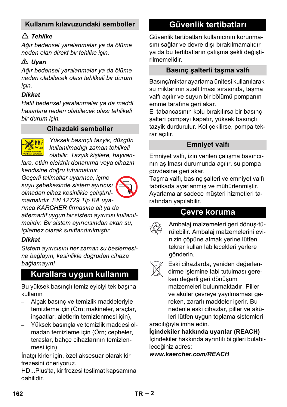 Kurallara uygun kullanım güvenlik tertibatları, Çevre koruma | Karcher HD 9-19 M User Manual | Page 162 / 372