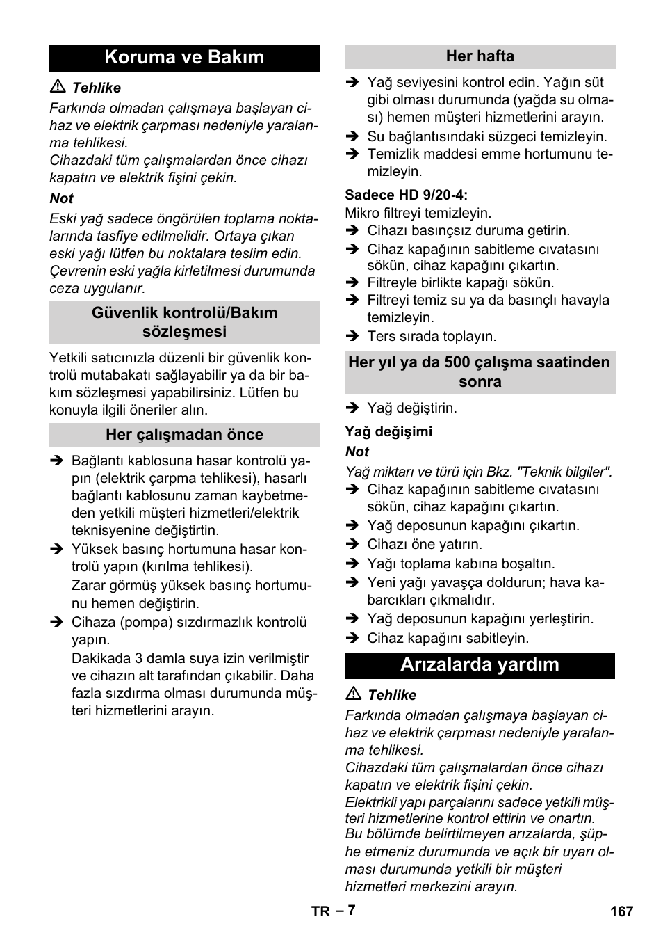 Koruma ve bakım, Arızalarda yardım | Karcher HD 9-19 M User Manual | Page 167 / 372