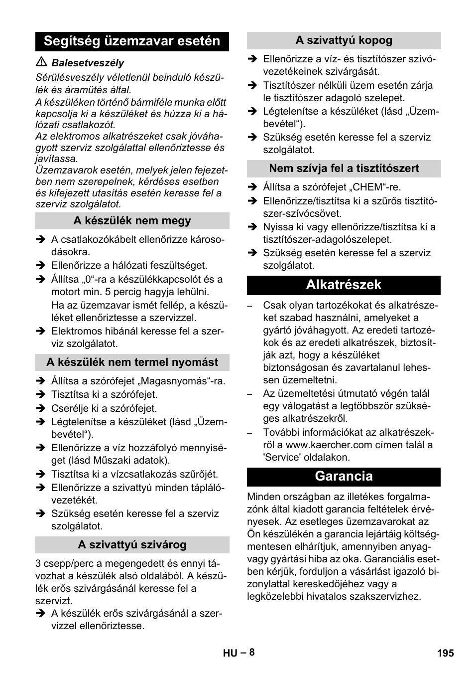 Segítség üzemzavar esetén, Alkatrészek garancia | Karcher HD 9-19 M User Manual | Page 195 / 372