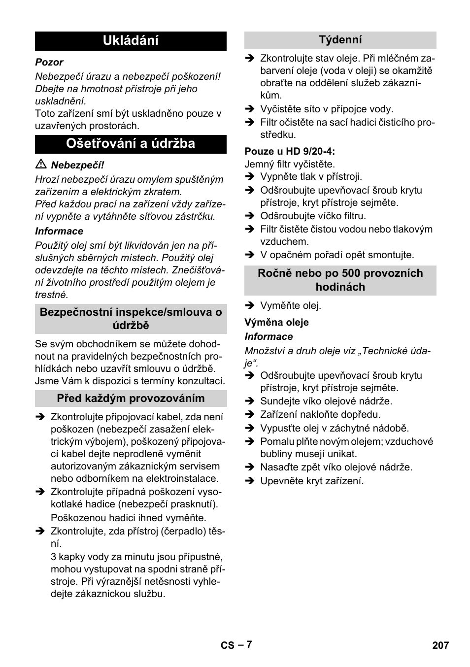 Ukládání ošetřování a údržba | Karcher HD 9-19 M User Manual | Page 207 / 372