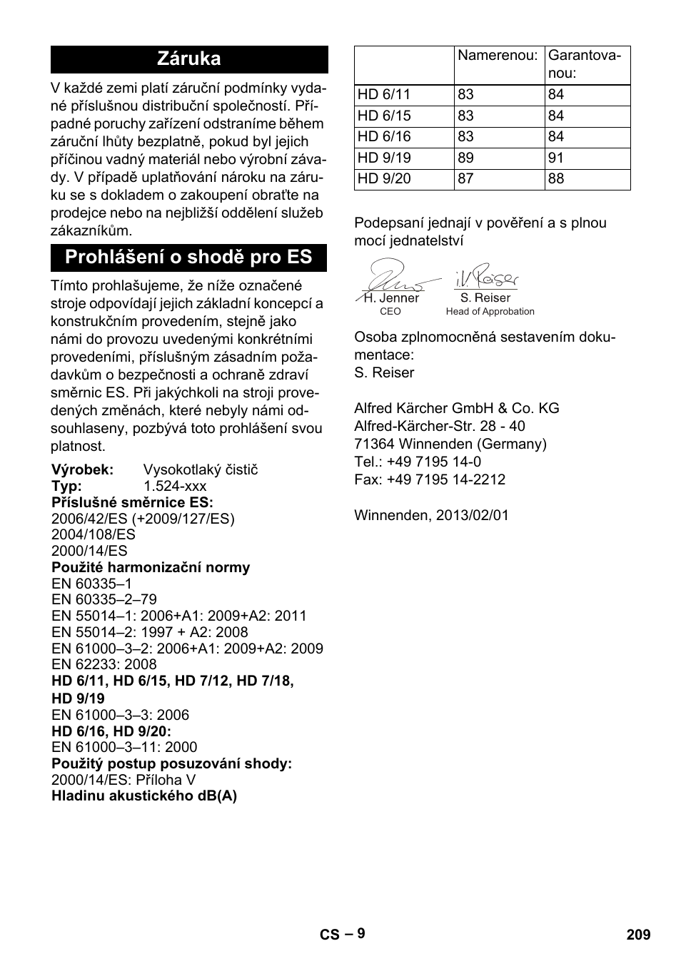 Záruka prohlášení o shodě pro es | Karcher HD 9-19 M User Manual | Page 209 / 372