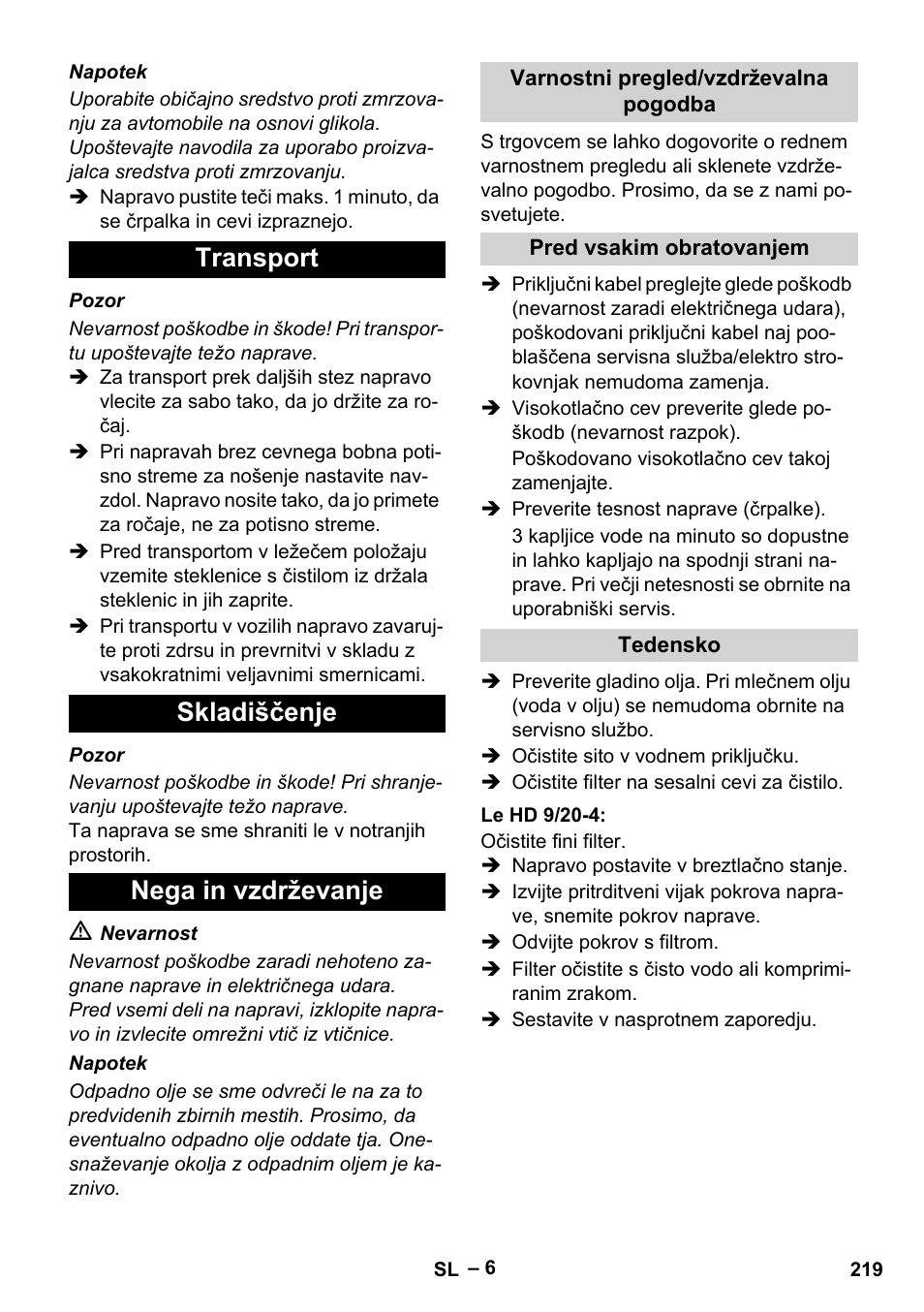 Transport skladiščenje nega in vzdrževanje | Karcher HD 9-19 M User Manual | Page 219 / 372