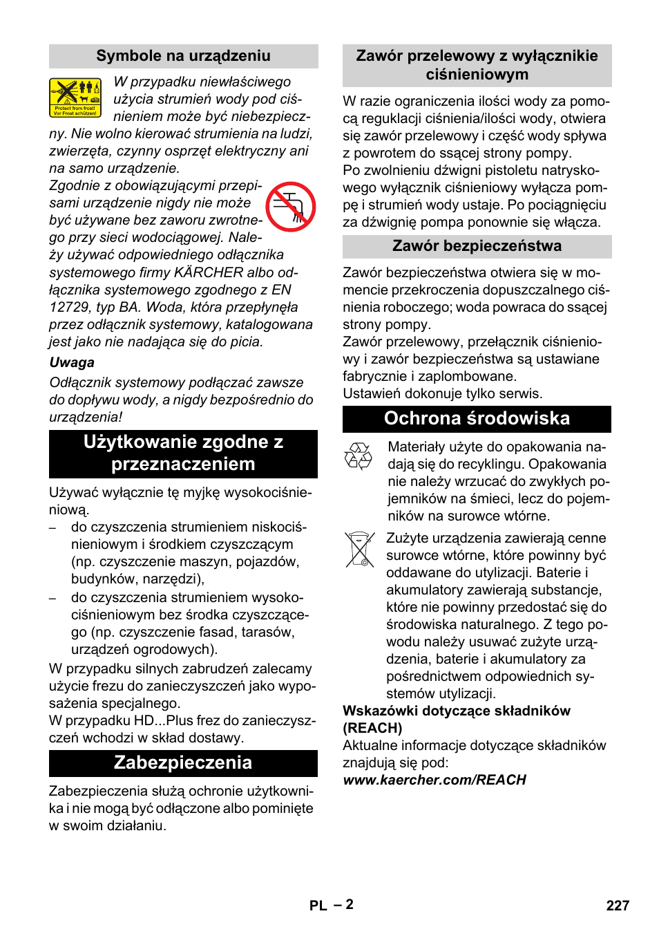 Użytkowanie zgodne z przeznaczeniem zabezpieczenia, Ochrona środowiska | Karcher HD 9-19 M User Manual | Page 227 / 372