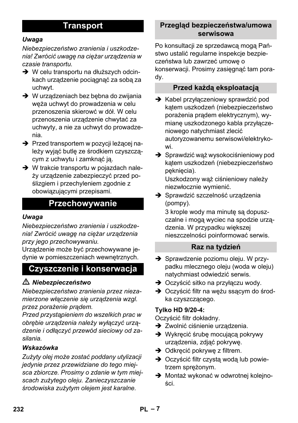 Transport przechowywanie czyszczenie i konserwacja | Karcher HD 9-19 M User Manual | Page 232 / 372