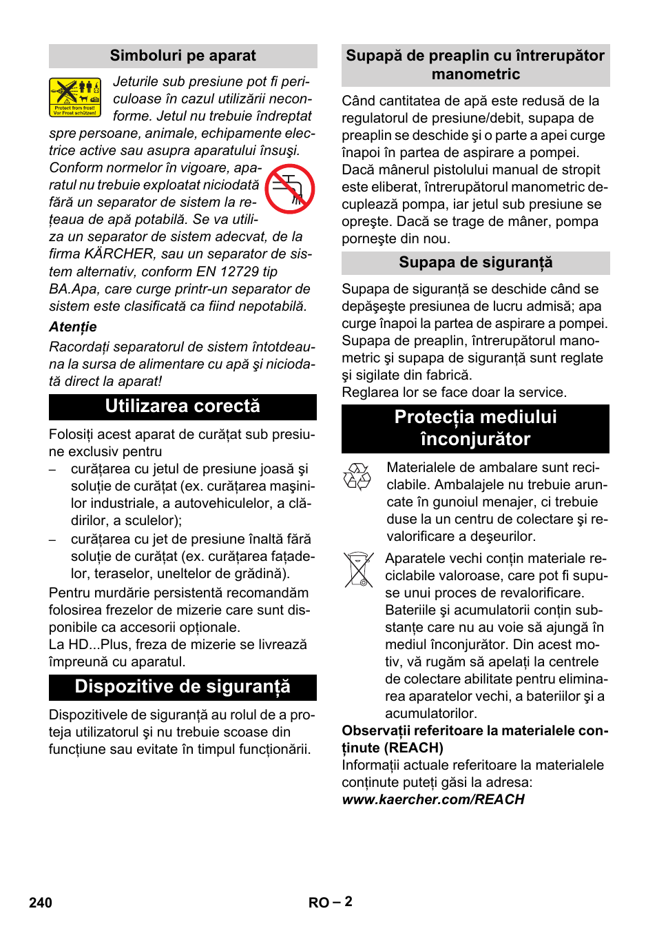 Utilizarea corectă dispozitive de siguranţă, Protecţia mediului înconjurător | Karcher HD 9-19 M User Manual | Page 240 / 372