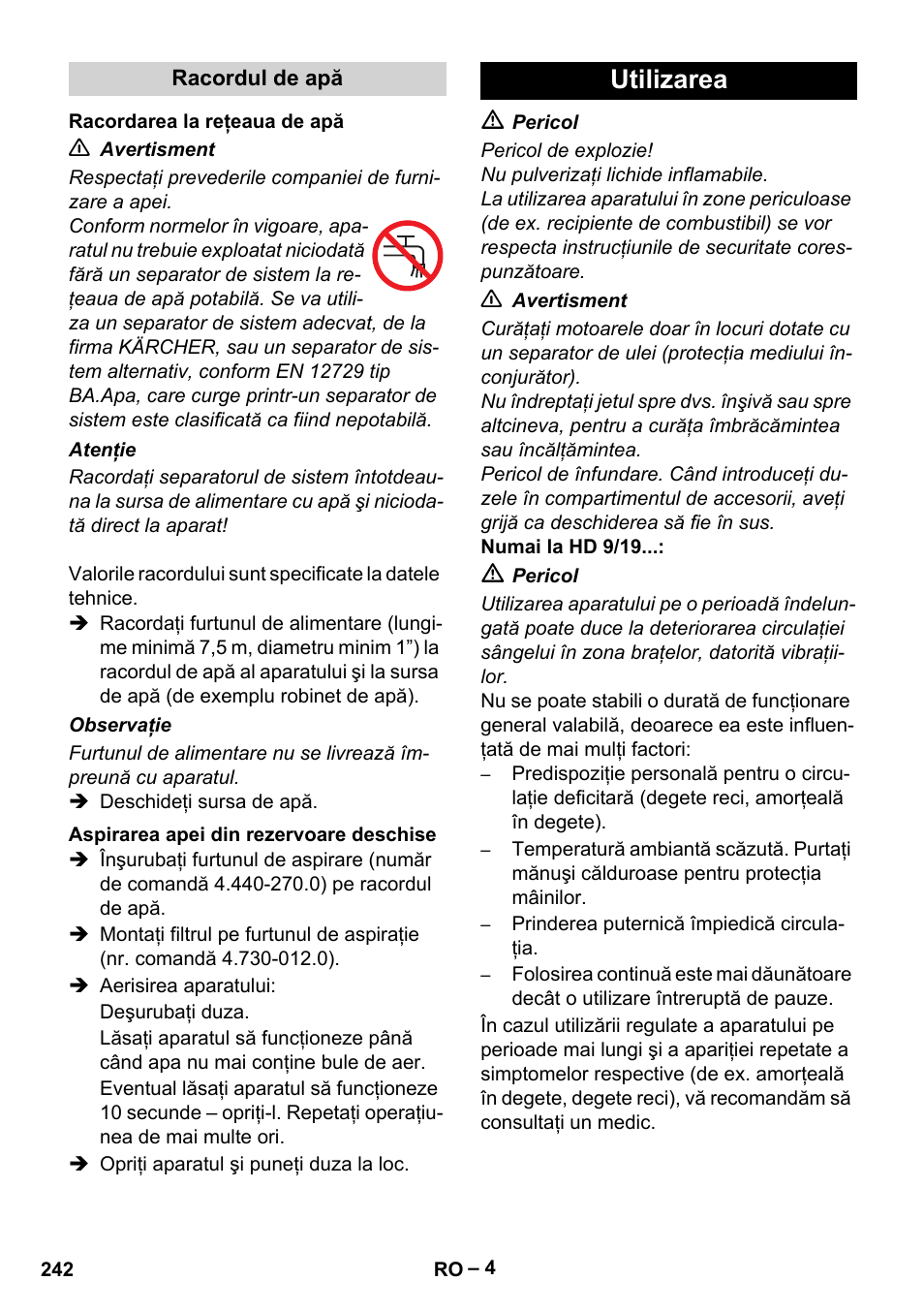 Utilizarea | Karcher HD 9-19 M User Manual | Page 242 / 372