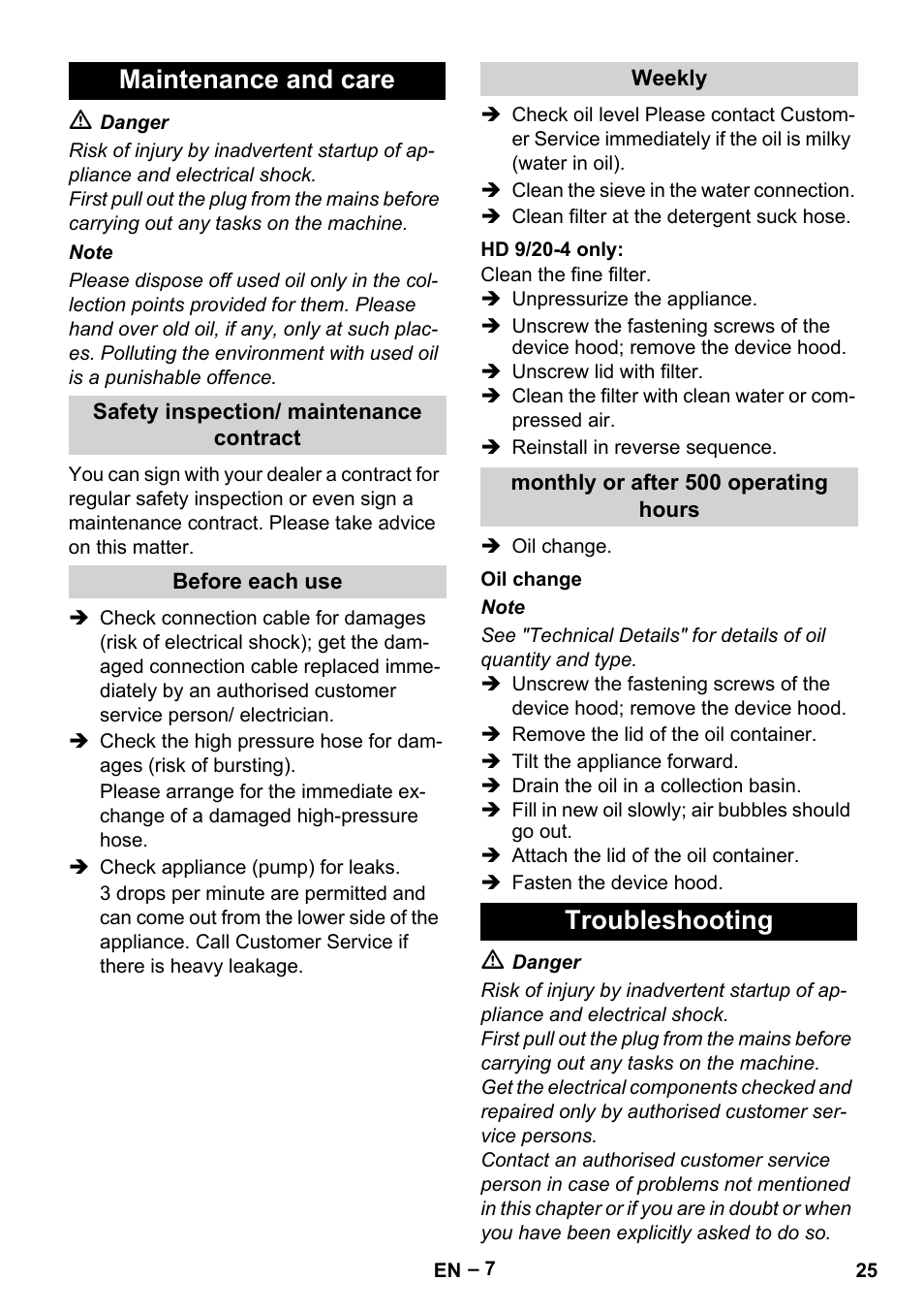 Maintenance and care, Troubleshooting | Karcher HD 9-19 M User Manual | Page 25 / 372