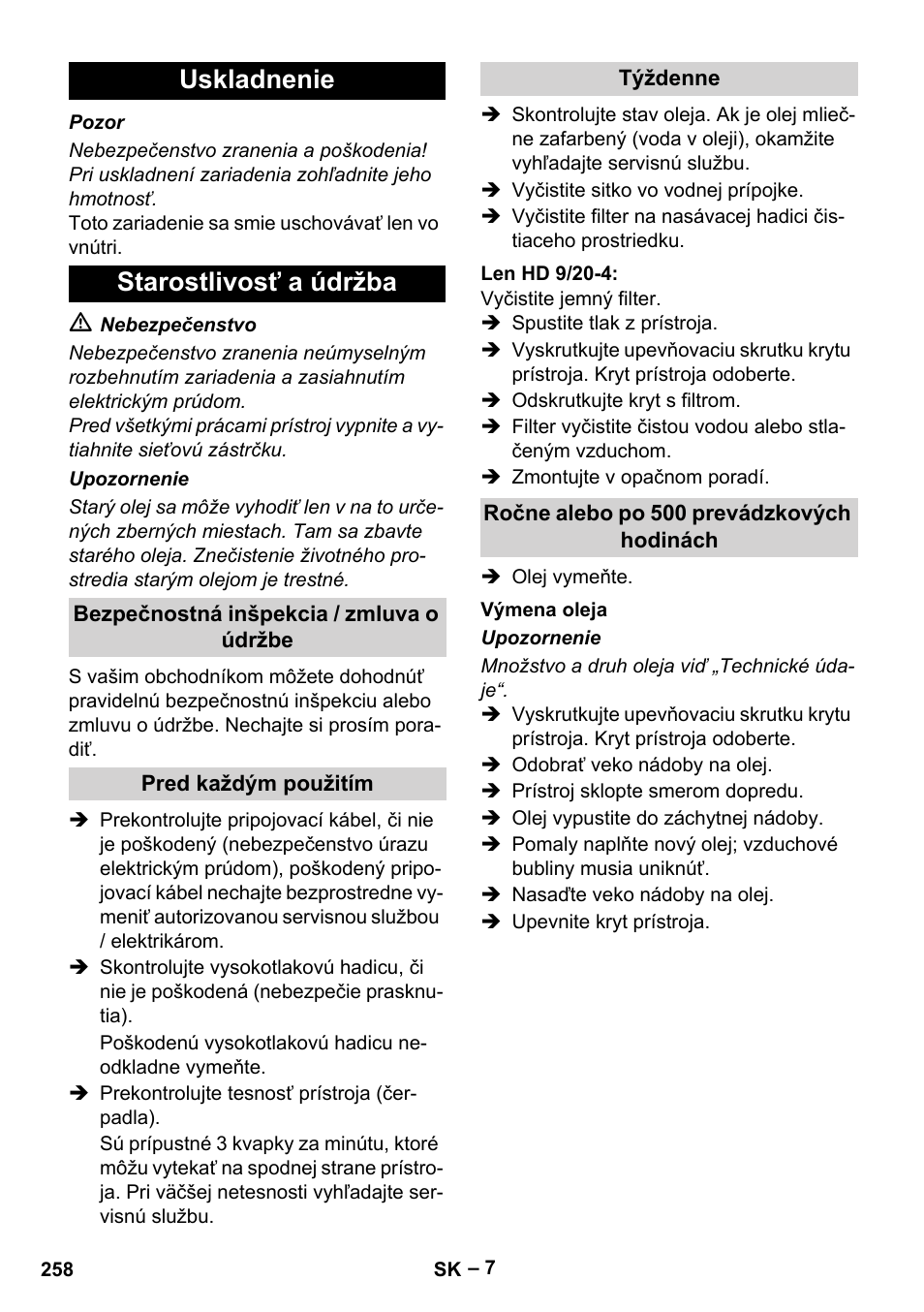 Uskladnenie starostlivosť a údržba | Karcher HD 9-19 M User Manual | Page 258 / 372