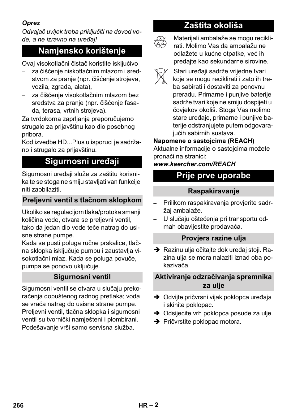 Namjensko korištenje sigurnosni uređaji, Zaštita okoliša prije prve uporabe | Karcher HD 9-19 M User Manual | Page 266 / 372