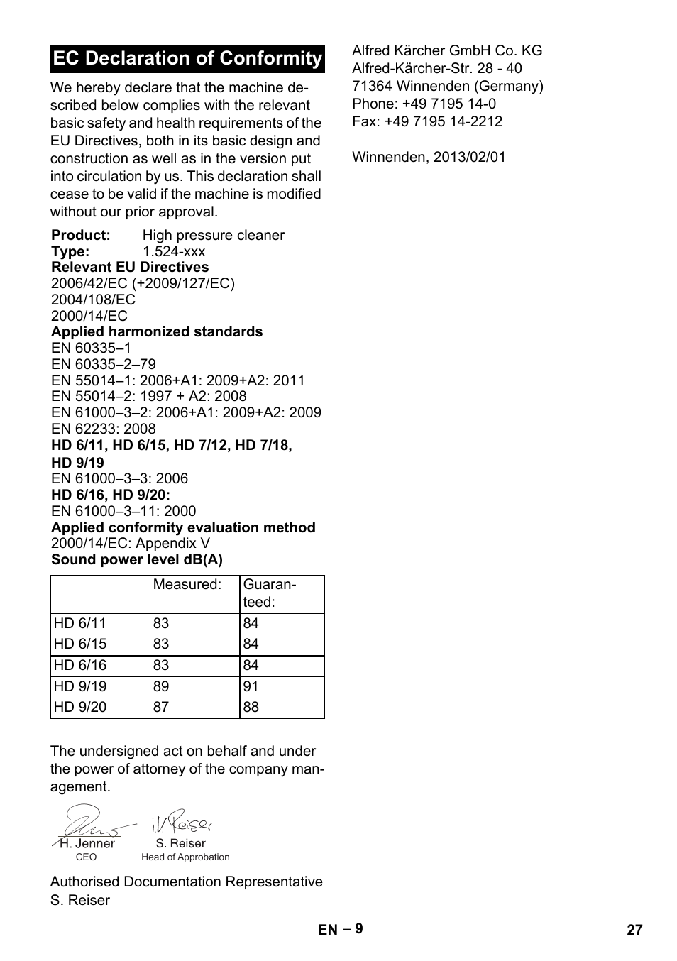 Ec declaration of conformity | Karcher HD 9-19 M User Manual | Page 27 / 372