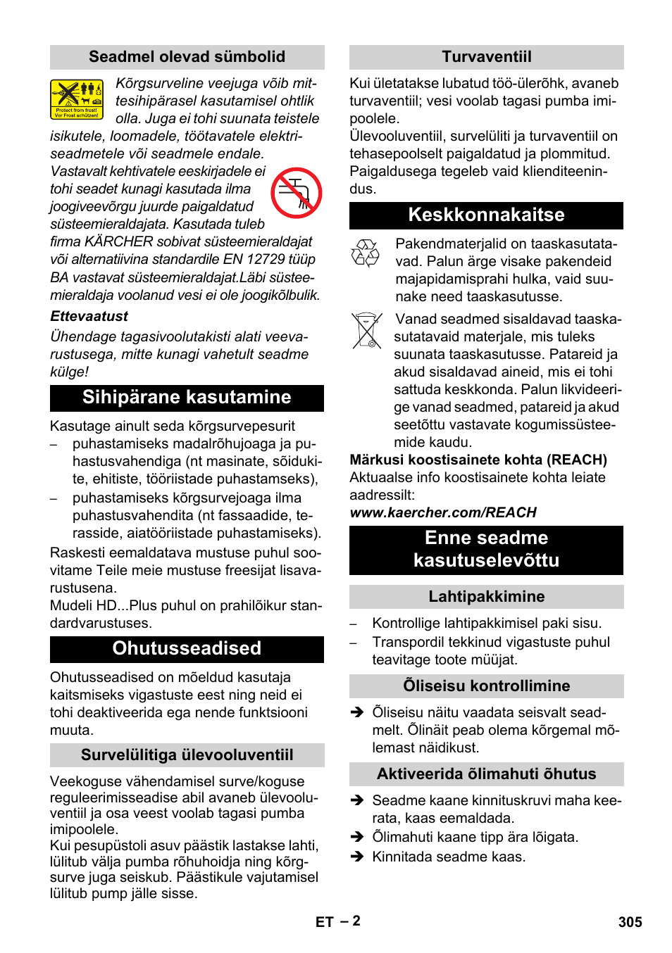 Sihipärane kasutamine ohutusseadised, Keskkonnakaitse enne seadme kasutuselevõttu | Karcher HD 9-19 M User Manual | Page 305 / 372