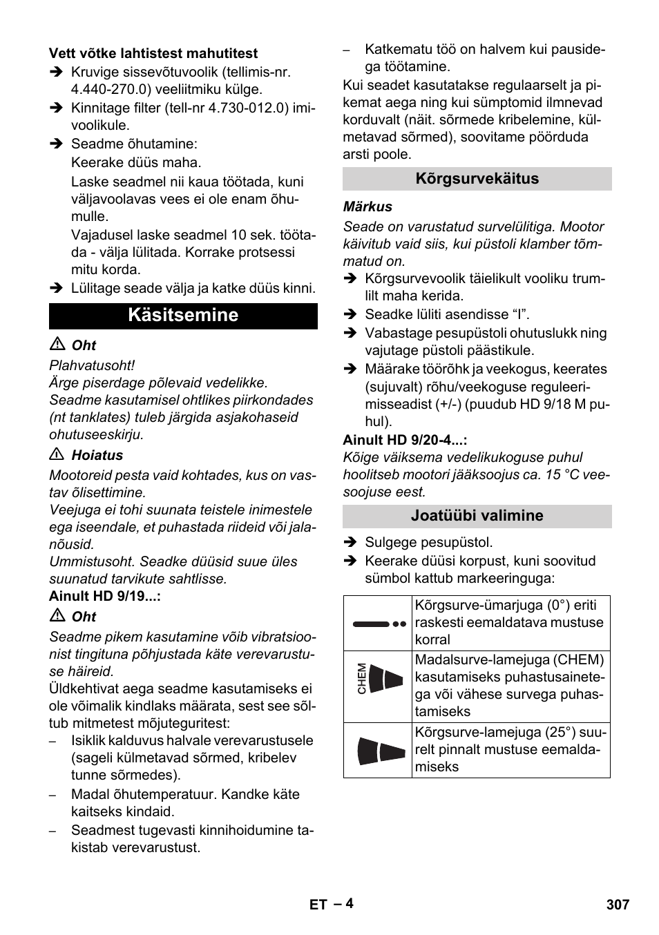 Käsitsemine | Karcher HD 9-19 M User Manual | Page 307 / 372