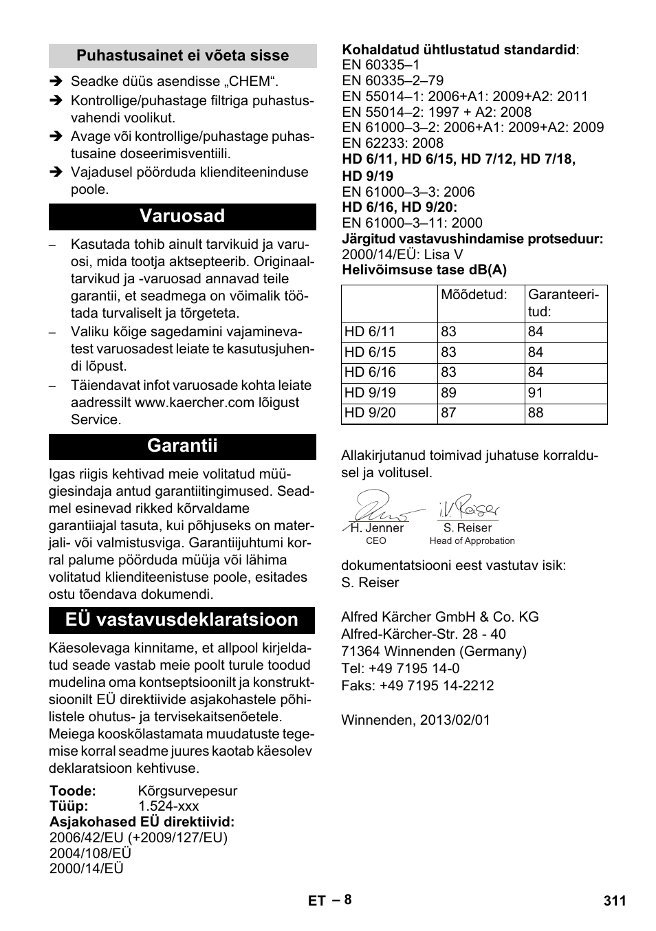 Varuosad garantii eü vastavusdeklaratsioon | Karcher HD 9-19 M User Manual | Page 311 / 372