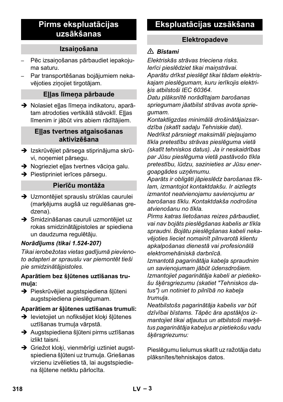 Pirms ekspluatācijas uzsākšanas, Ekspluatācijas uzsākšana | Karcher HD 9-19 M User Manual | Page 318 / 372