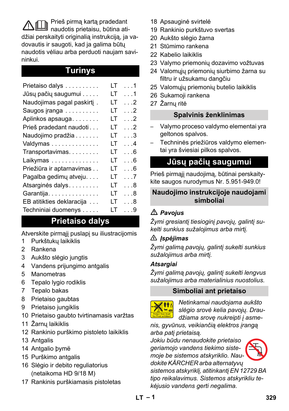 Lietuviškai, Turinys, Prietaiso dalys | Jūsų pačių saugumui | Karcher HD 9-19 M User Manual | Page 329 / 372