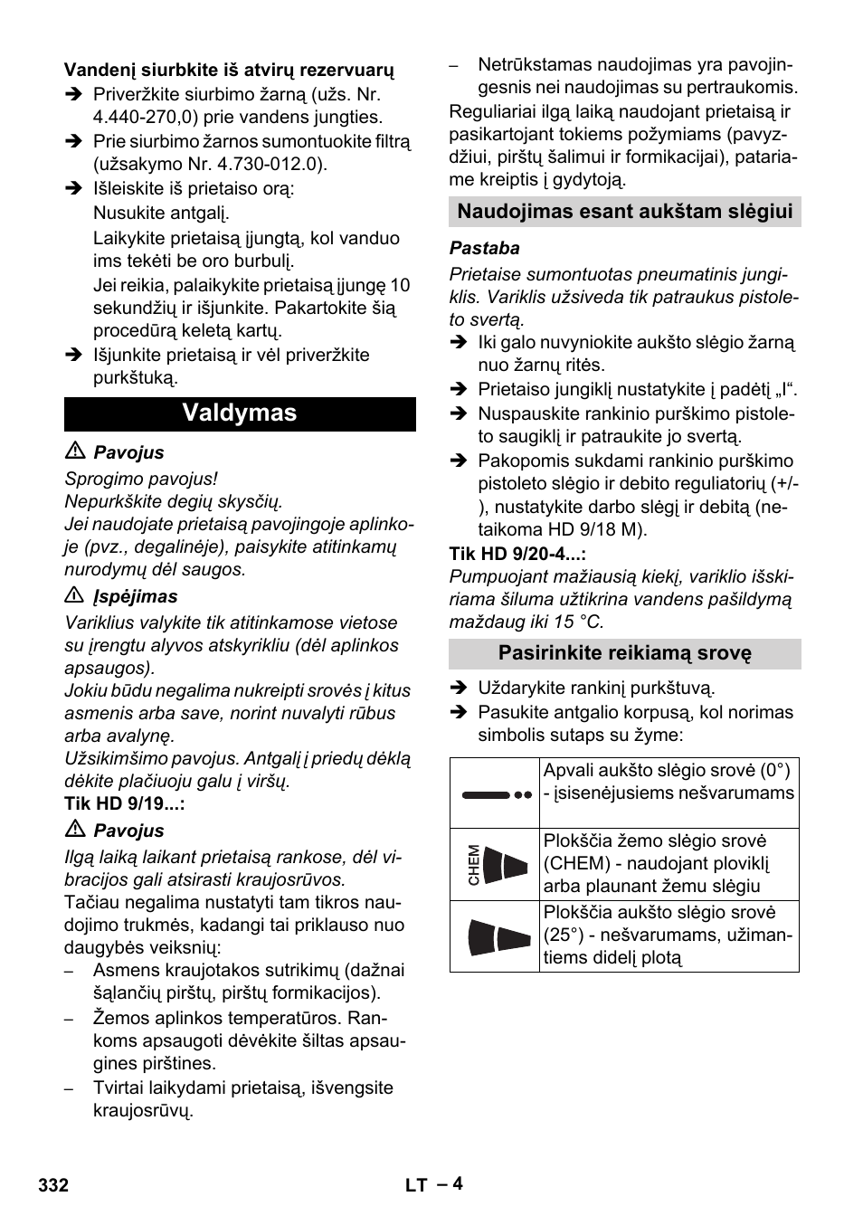 Valdymas | Karcher HD 9-19 M User Manual | Page 332 / 372