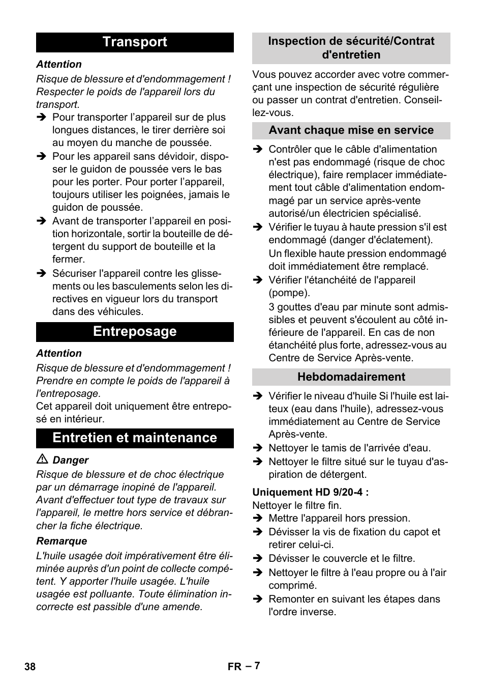 Transport entreposage entretien et maintenance | Karcher HD 9-19 M User Manual | Page 38 / 372