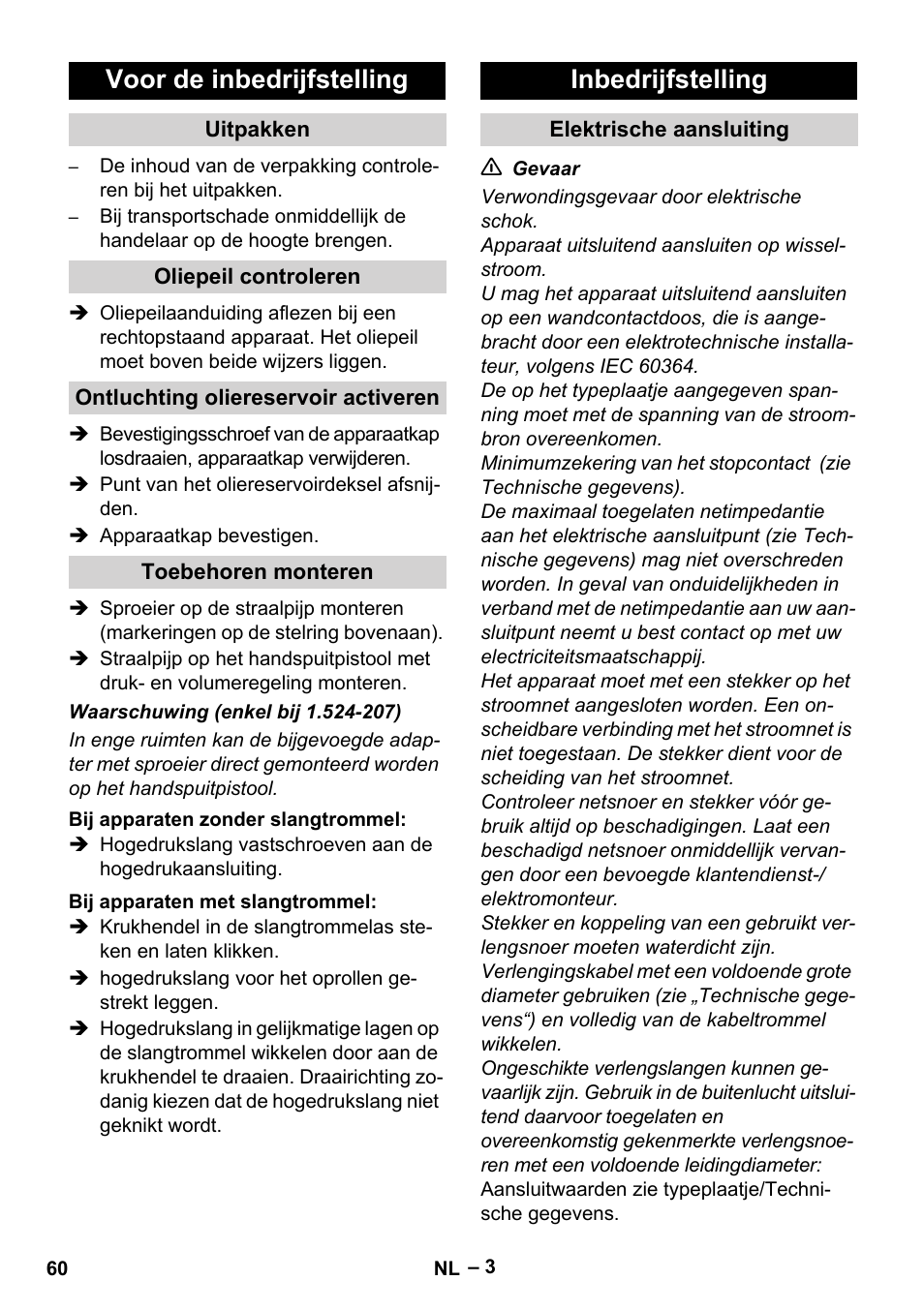 Voor de inbedrijfstelling, Inbedrijfstelling | Karcher HD 9-19 M User Manual | Page 60 / 372