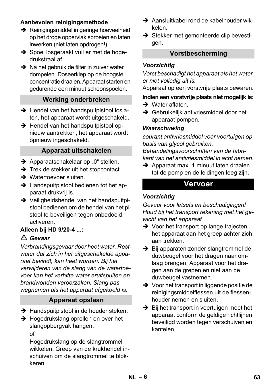 Vervoer | Karcher HD 9-19 M User Manual | Page 63 / 372