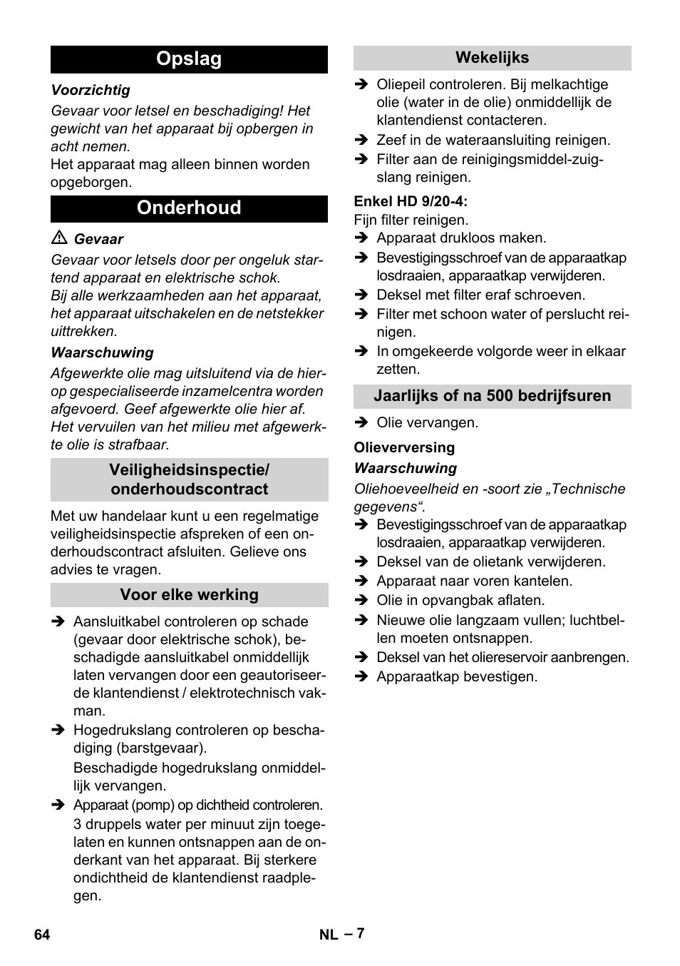 Opslag onderhoud | Karcher HD 9-19 M User Manual | Page 64 / 372