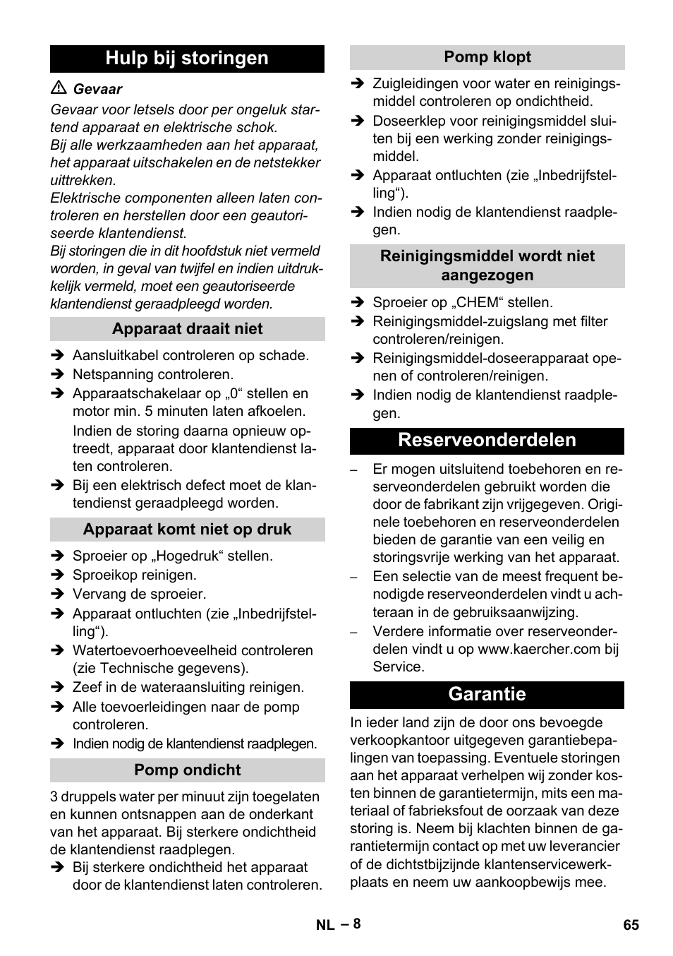 Hulp bij storingen, Reserveonderdelen garantie | Karcher HD 9-19 M User Manual | Page 65 / 372