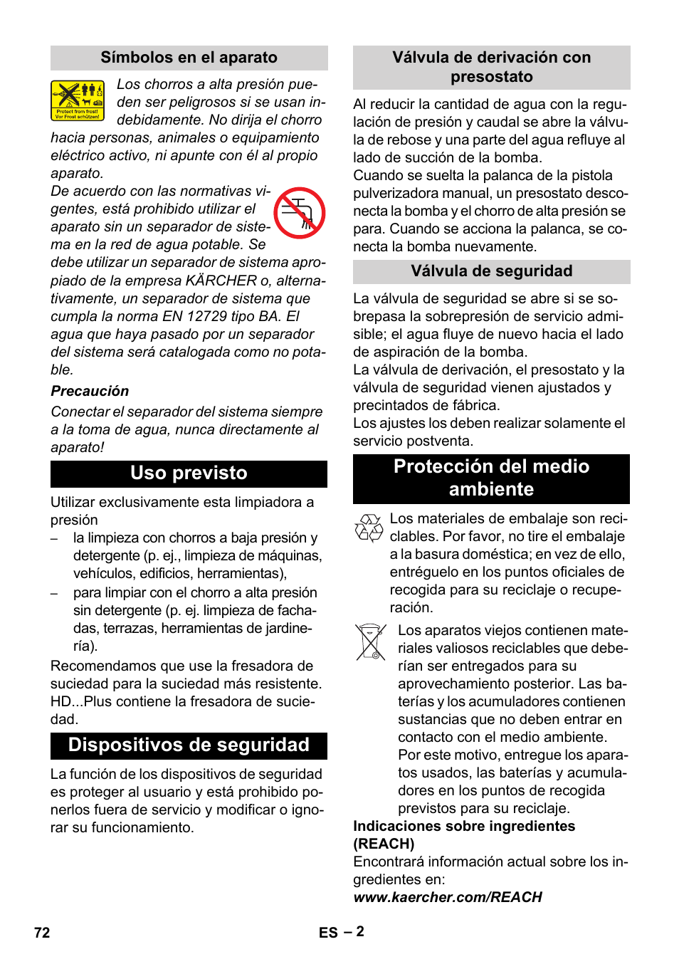 Uso previsto dispositivos de seguridad, Protección del medio ambiente | Karcher HD 9-19 M User Manual | Page 72 / 372