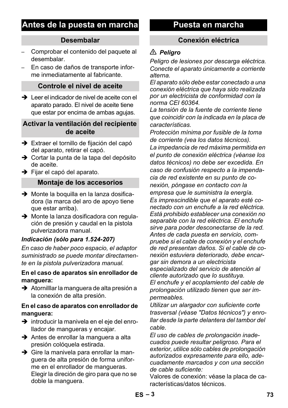 Antes de la puesta en marcha, Puesta en marcha | Karcher HD 9-19 M User Manual | Page 73 / 372