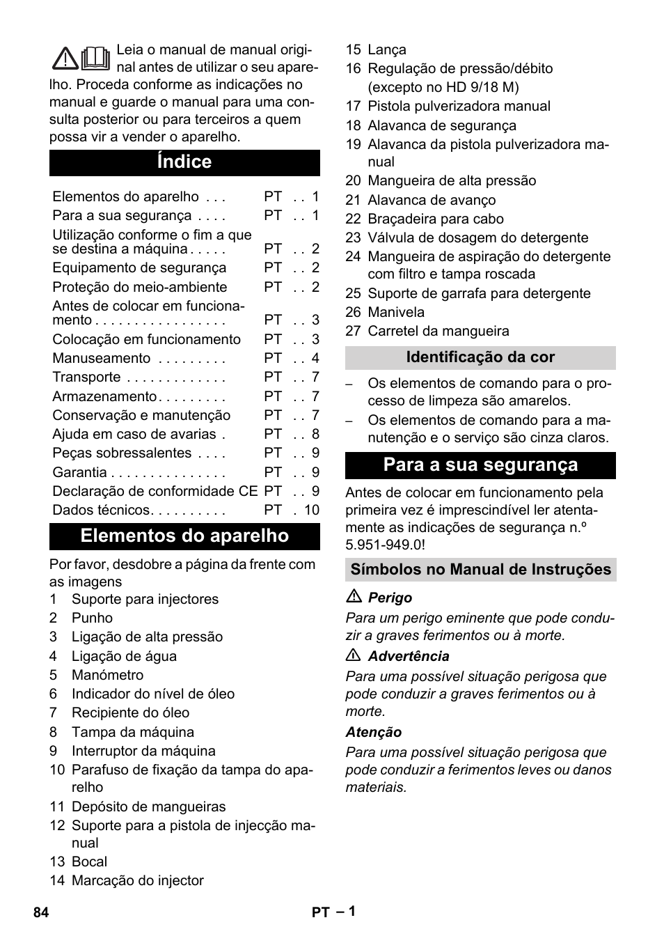 Português, Índice, Elementos do aparelho | Para a sua segurança | Karcher HD 9-19 M User Manual | Page 84 / 372